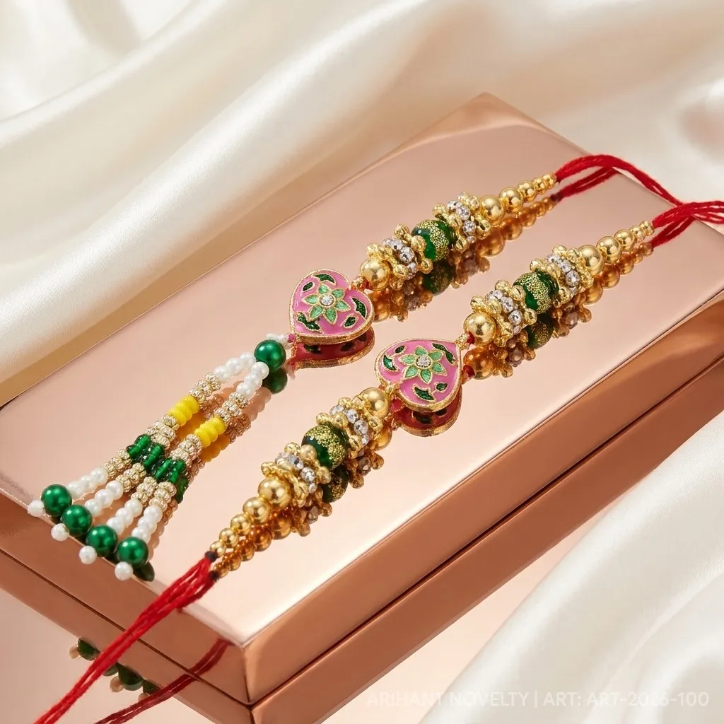 Pink Heart Meenakari Bhaiya-Bhabhi Set – handmade Bhaiya-Bhabhi Set rakhi from Bikaner by Arihant Novelty