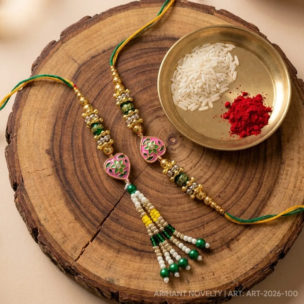 Pink Heart Meenakari Bhaiya-Bhabhi Set – handmade Bhaiya-Bhabhi Set rakhi from Bikaner by Arihant Novelty