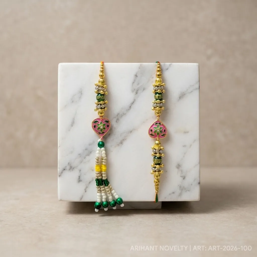Pink Heart Meenakari Bhaiya-Bhabhi Set – handmade Bhaiya-Bhabhi Set rakhi from Bikaner by Arihant Novelty
