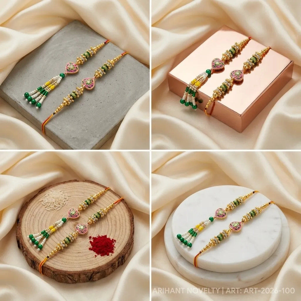 Pink Heart Meenakari Bhaiya-Bhabhi Set – handmade Bhaiya-Bhabhi Set rakhi from Bikaner by Arihant Novelty