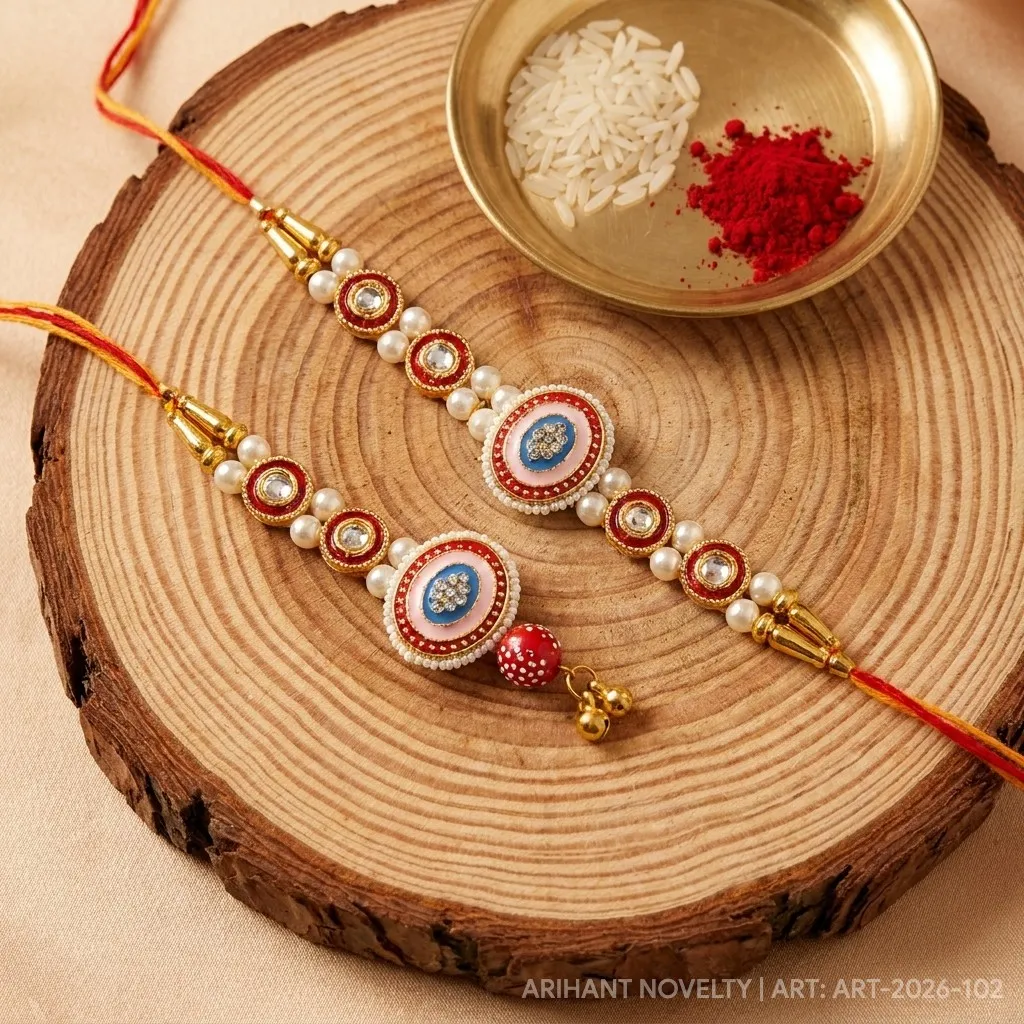 Red Circle Bhaiya-Bhabhi Set – handmade Bhaiya-Bhabhi Set rakhi from Bikaner by Arihant Novelty