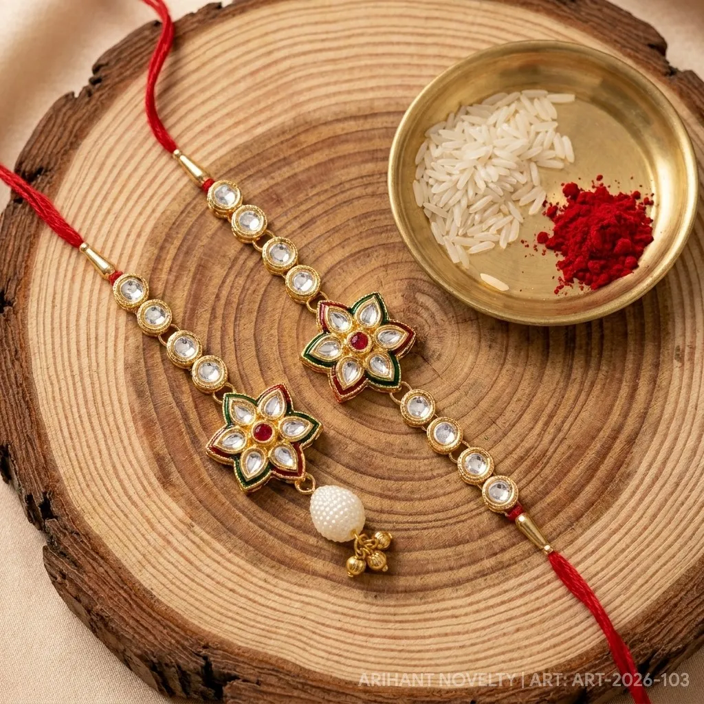 Kundan Star Lumba Bhaiya-Bhabhi Set – handmade Bhaiya-Bhabhi Set rakhi from Bikaner by Arihant Novelty