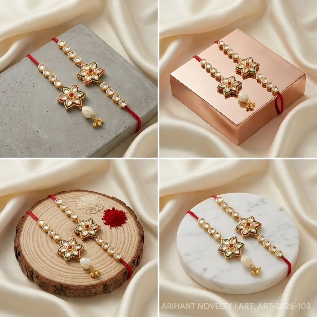 Kundan Star Lumba Bhaiya-Bhabhi Set – handmade Bhaiya-Bhabhi Set rakhi from Bikaner by Arihant Novelty