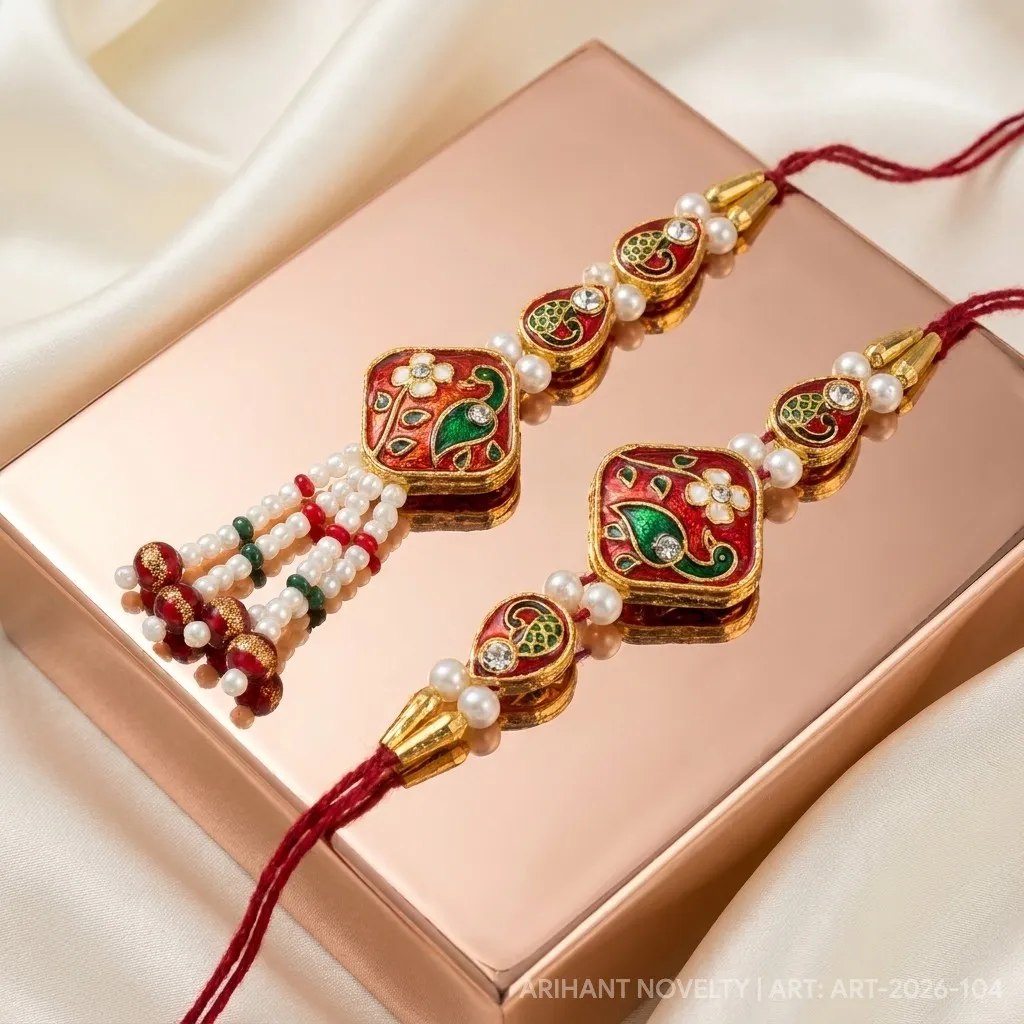 Red Meenakari Diamond Bhaiya-Bhabhi Set – handmade Bhaiya-Bhabhi Set rakhi from Bikaner by Arihant Novelty