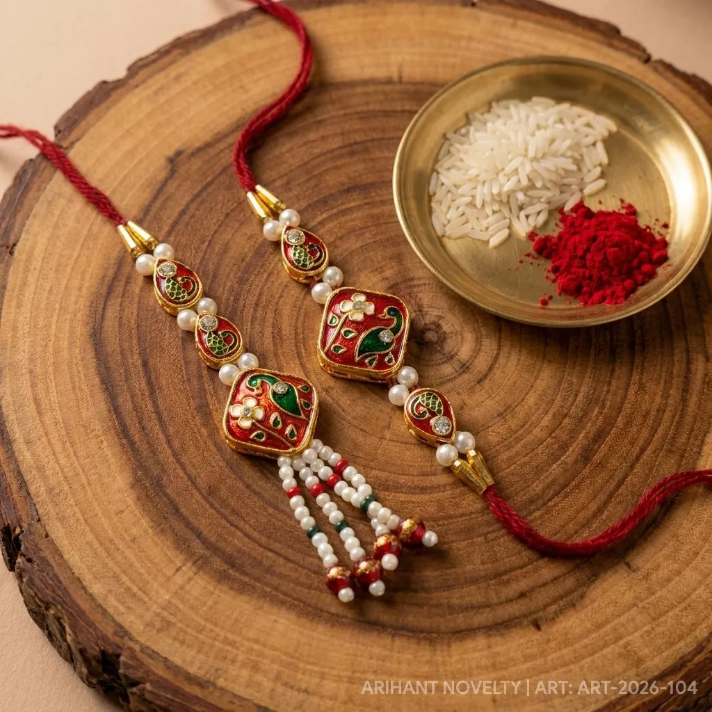 Red Meenakari Diamond Bhaiya-Bhabhi Set – handmade Bhaiya-Bhabhi Set rakhi from Bikaner by Arihant Novelty