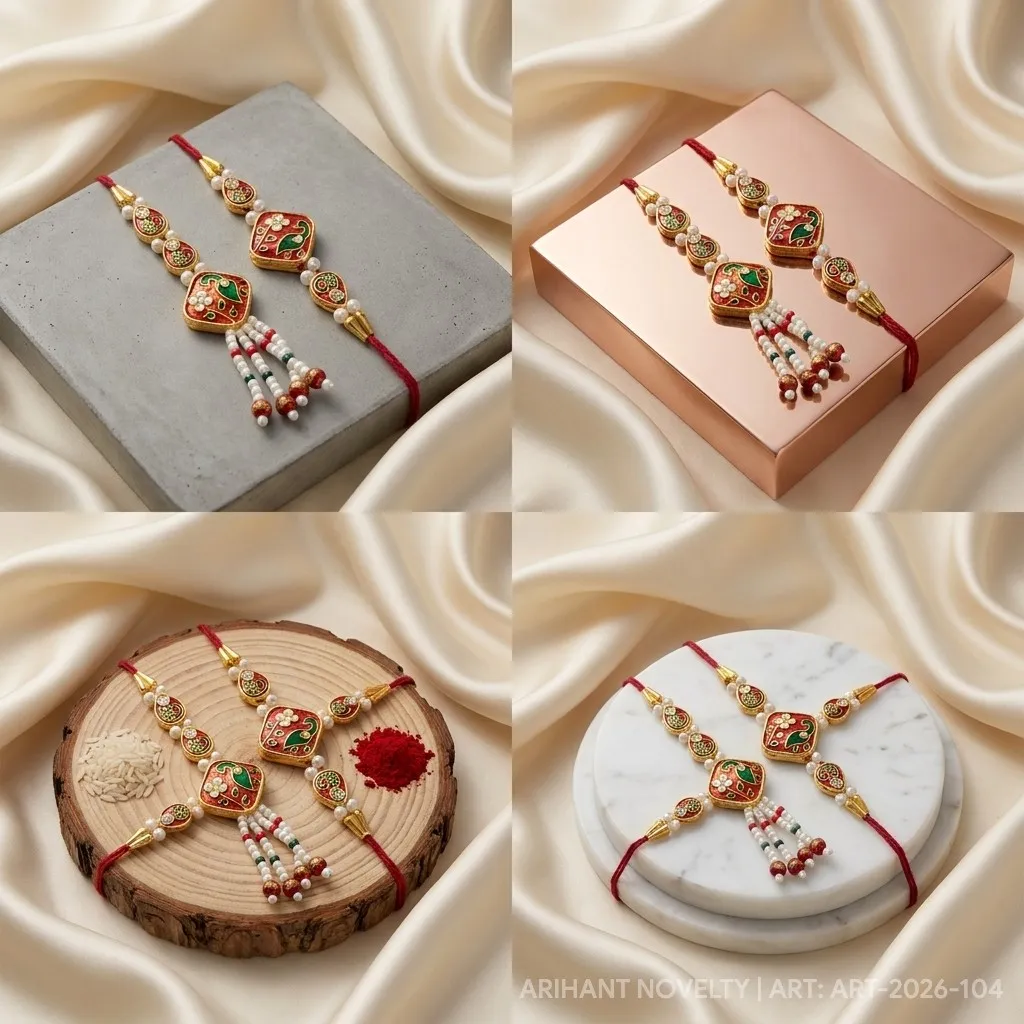Red Meenakari Diamond Bhaiya-Bhabhi Set – handmade Bhaiya-Bhabhi Set rakhi from Bikaner by Arihant Novelty