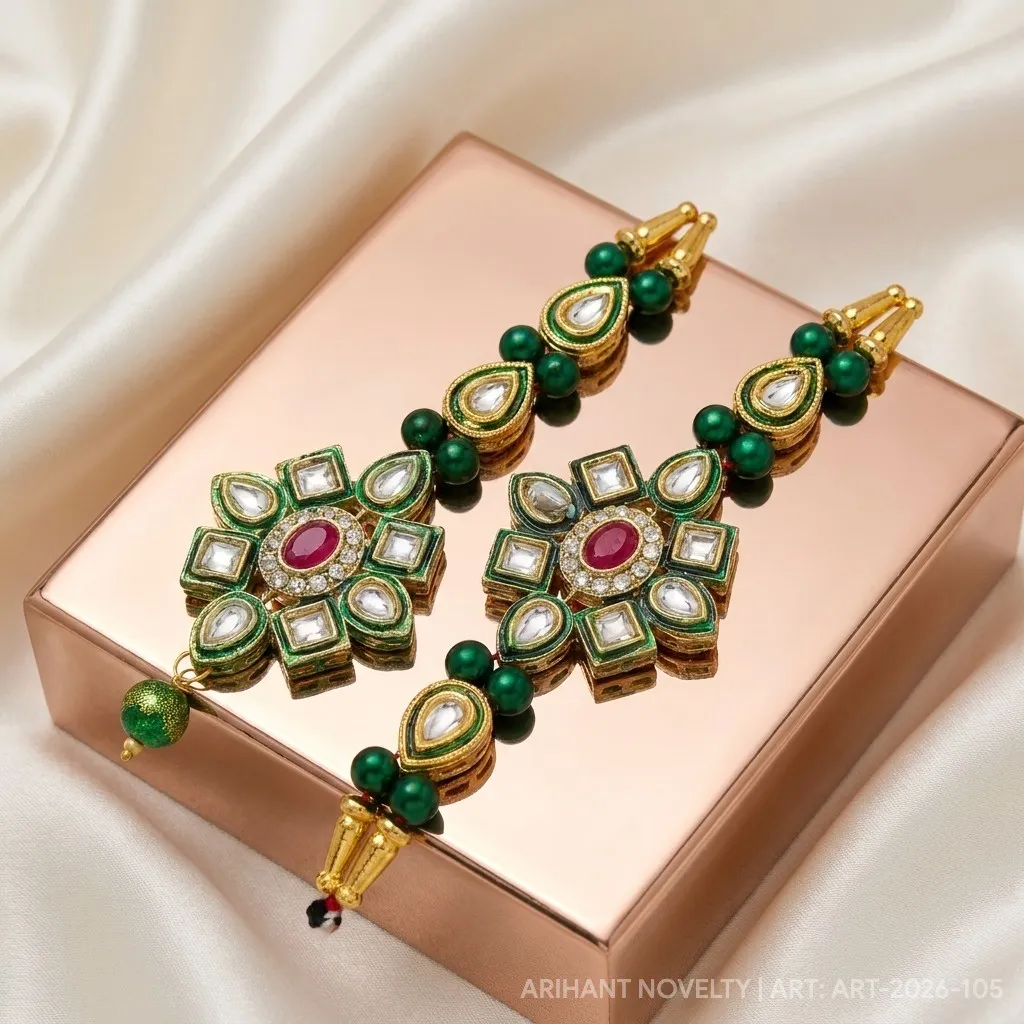 Green Kundan Flower Bhaiya-Bhabhi Set – handmade Bhaiya-Bhabhi Set rakhi from Bikaner by Arihant Novelty