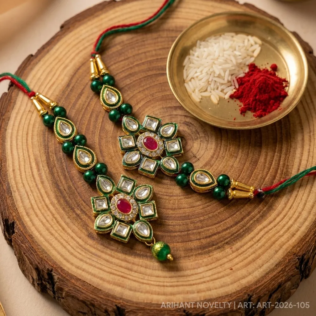 Green Kundan Flower Bhaiya-Bhabhi Set – handmade Bhaiya-Bhabhi Set rakhi from Bikaner by Arihant Novelty