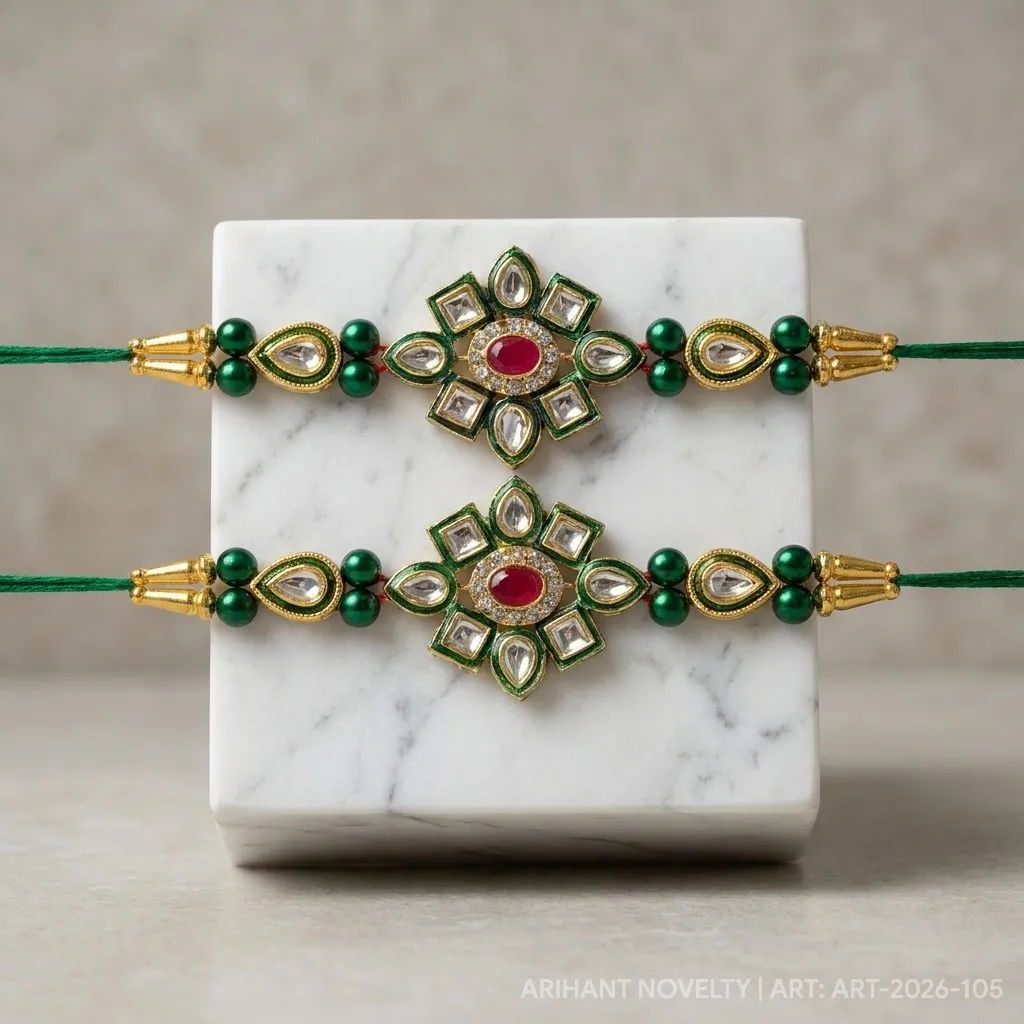 Green Kundan Flower Bhaiya-Bhabhi Set – handmade Bhaiya-Bhabhi Set rakhi from Bikaner by Arihant Novelty