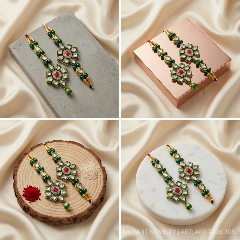 Green Kundan Flower Bhaiya-Bhabhi Set – handmade Bhaiya-Bhabhi Set rakhi from Bikaner by Arihant Novelty