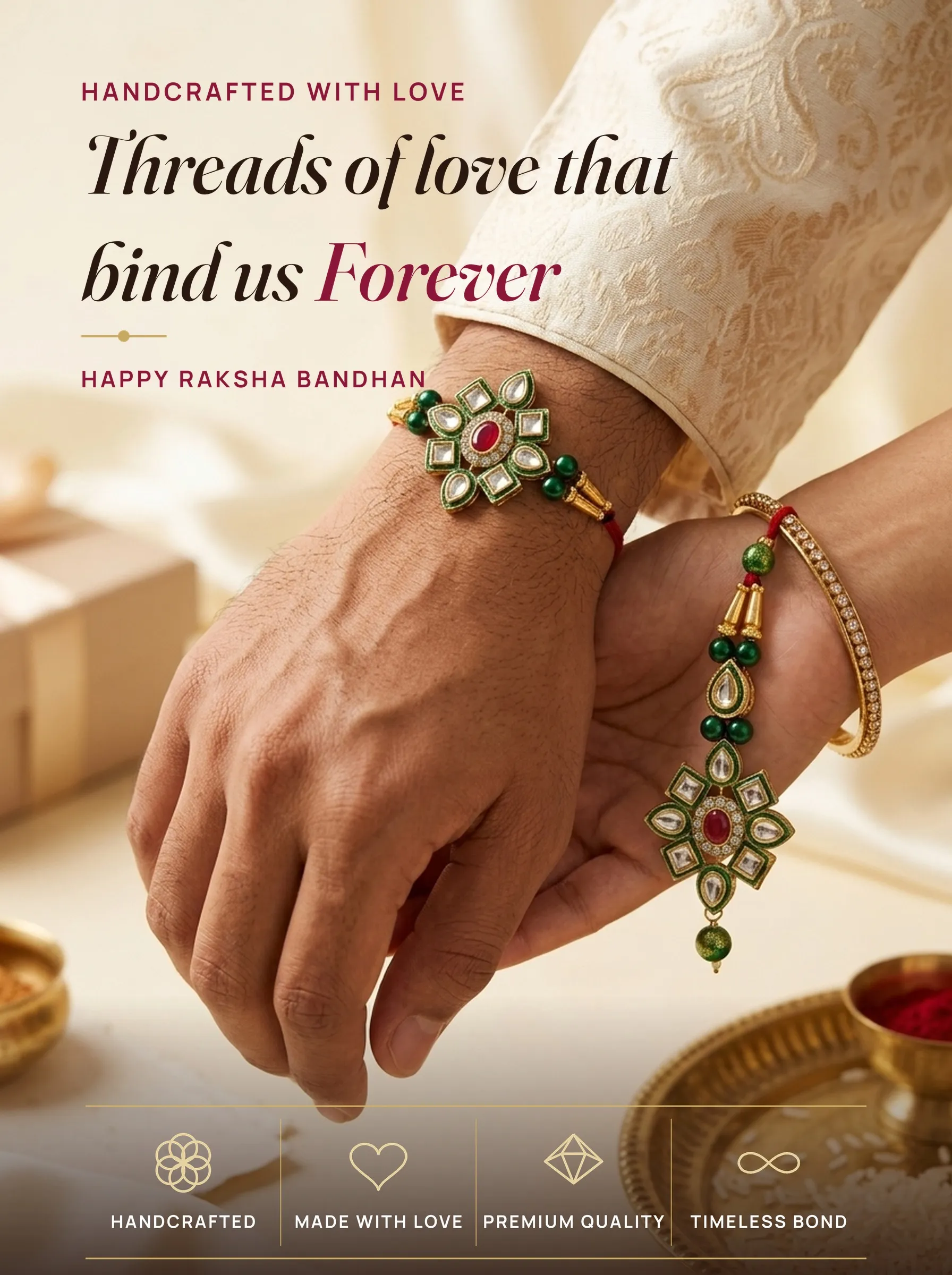 Green Kundan Flower Bhaiya-Bhabhi Set – handmade Bhaiya-Bhabhi Set rakhi from Bikaner by Arihant Novelty