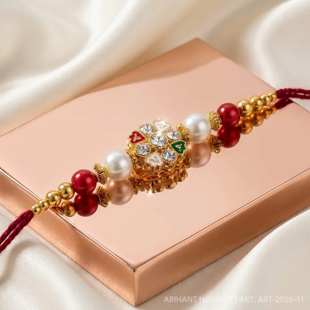 Kundan Flower with Heart Petals – handmade Kundan rakhi from Bikaner by Arihant Novelty