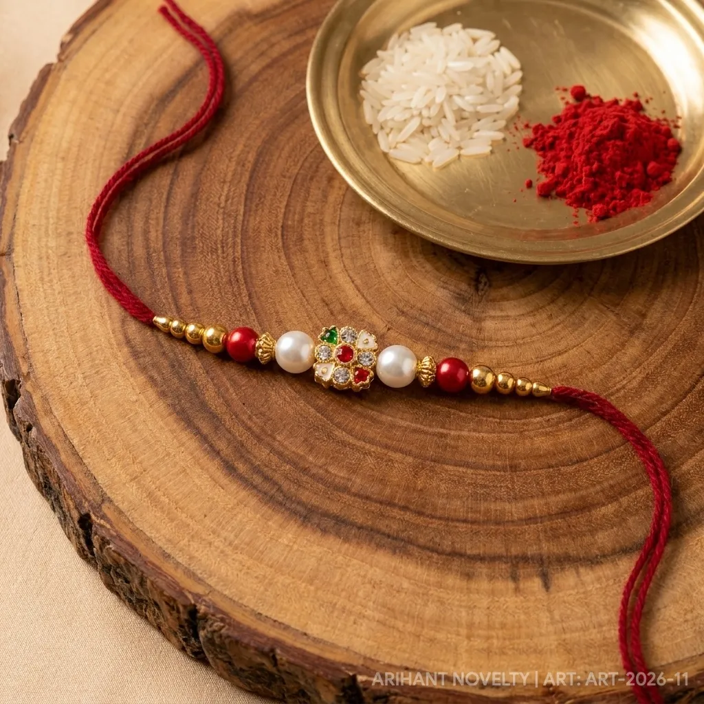 Kundan Flower with Heart Petals – handmade Kundan rakhi from Bikaner by Arihant Novelty