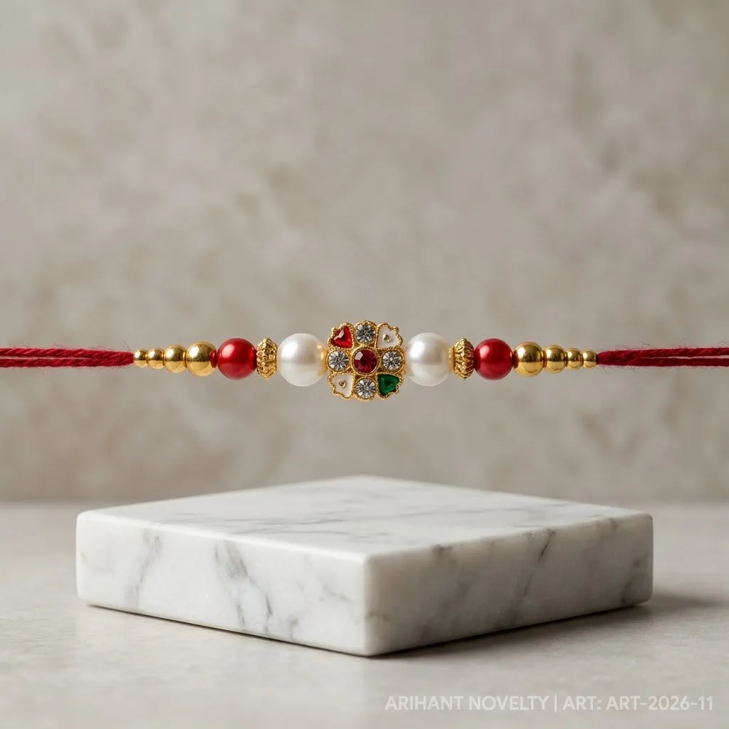 Kundan Flower with Heart Petals – handmade Kundan rakhi from Bikaner by Arihant Novelty