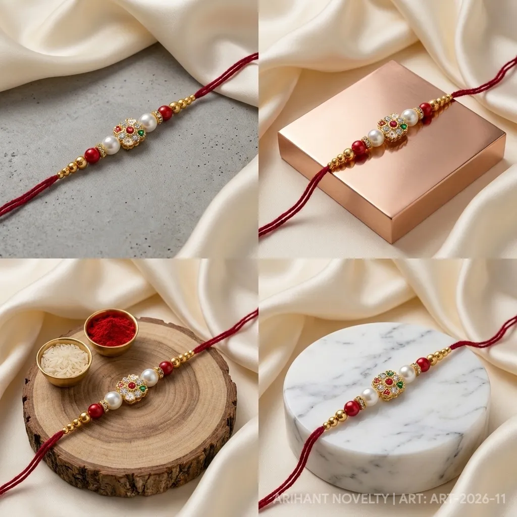 Kundan Flower with Heart Petals – handmade Kundan rakhi from Bikaner by Arihant Novelty