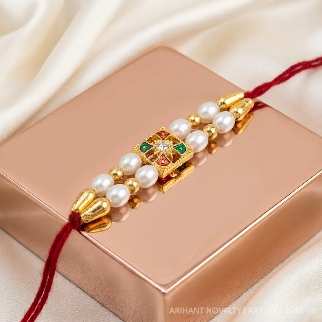 Double Pearl & Kundan Square – handmade Kundan rakhi from Bikaner by Arihant Novelty