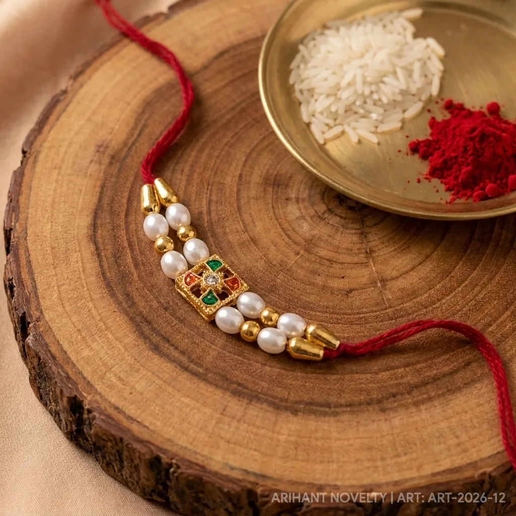 Double Pearl & Kundan Square – handmade Kundan rakhi from Bikaner by Arihant Novelty