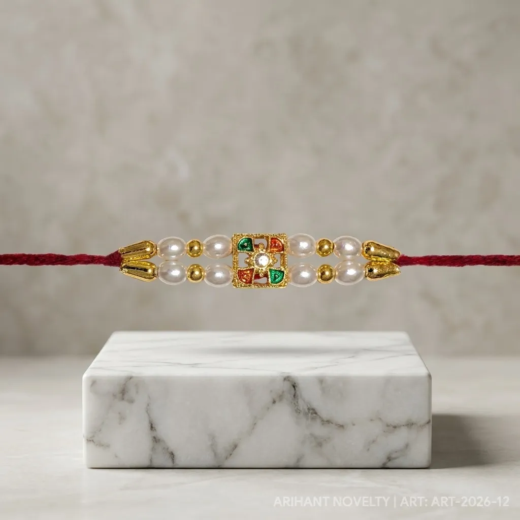Double Pearl & Kundan Square – handmade Kundan rakhi from Bikaner by Arihant Novelty