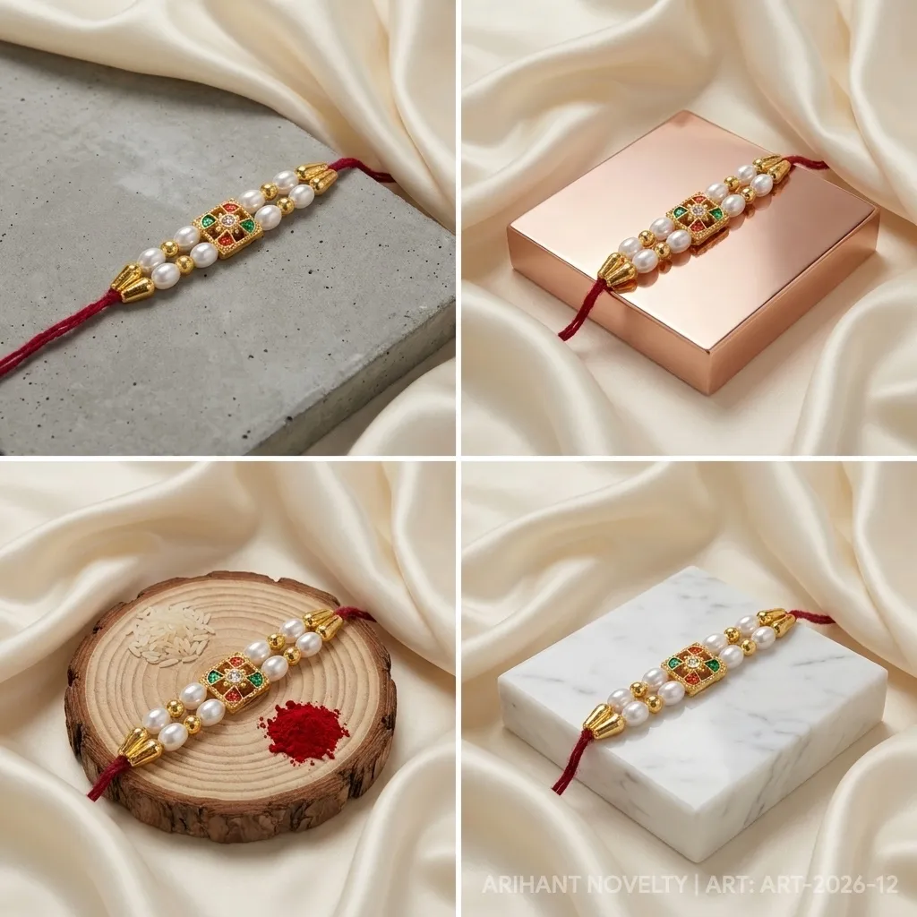 Double Pearl & Kundan Square – handmade Kundan rakhi from Bikaner by Arihant Novelty