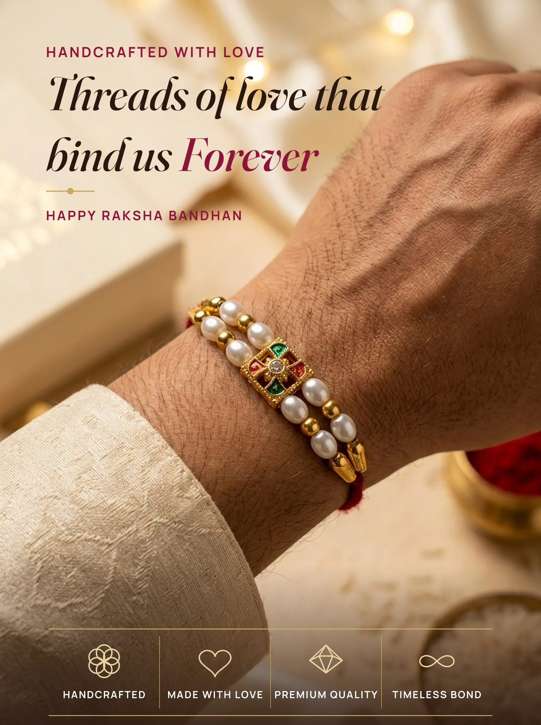 Double Pearl & Kundan Square – handmade Kundan rakhi from Bikaner by Arihant Novelty