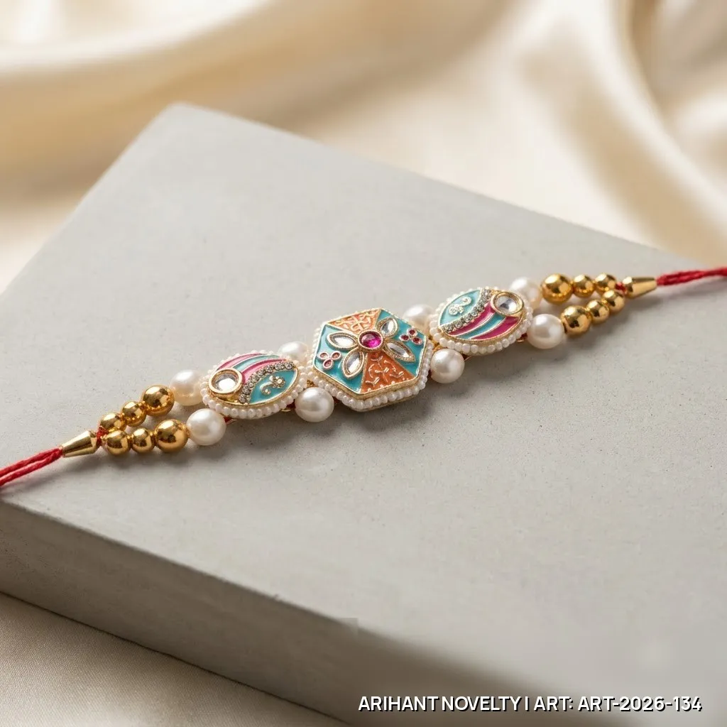 Teal-Orange Meenakari Hexagon Rakhi – handmade Meenakari rakhi from Bikaner by Arihant Novelty
