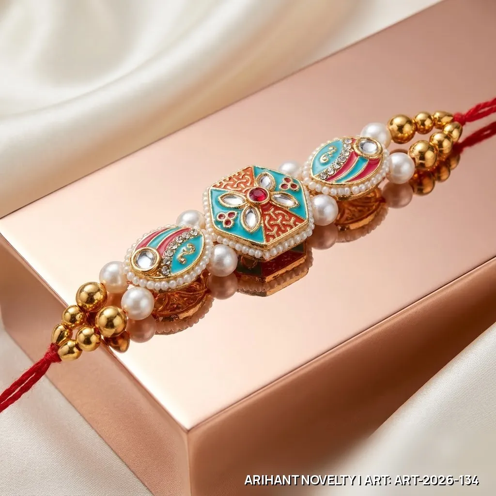 Teal-Orange Meenakari Hexagon Rakhi – handmade Meenakari rakhi from Bikaner by Arihant Novelty