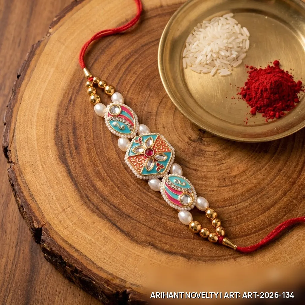 Teal-Orange Meenakari Hexagon Rakhi – handmade Meenakari rakhi from Bikaner by Arihant Novelty