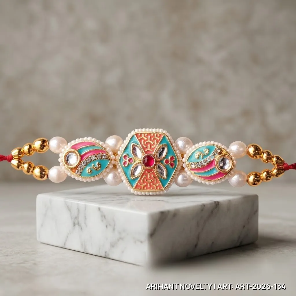 Teal-Orange Meenakari Hexagon Rakhi – handmade Meenakari rakhi from Bikaner by Arihant Novelty