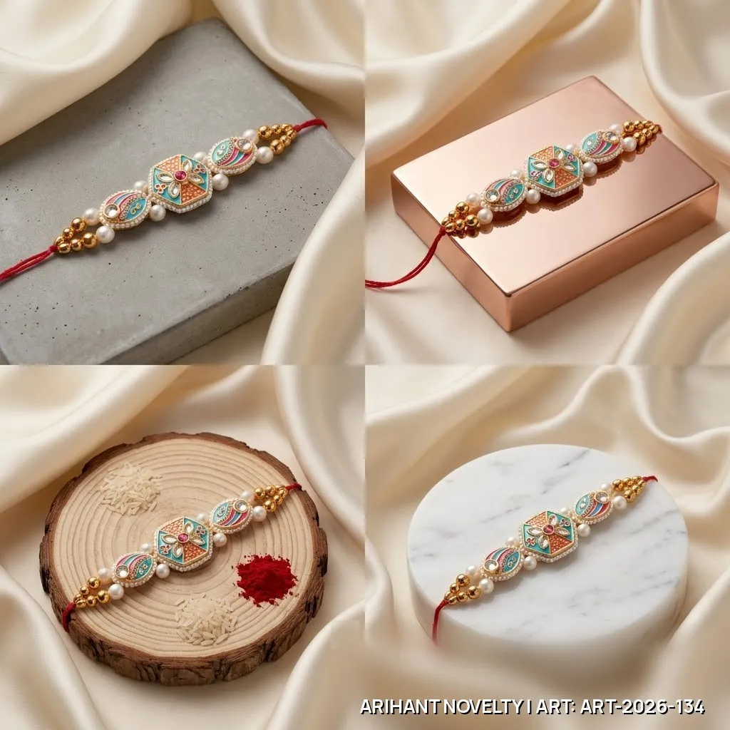 Teal-Orange Meenakari Hexagon Rakhi – handmade Meenakari rakhi from Bikaner by Arihant Novelty
