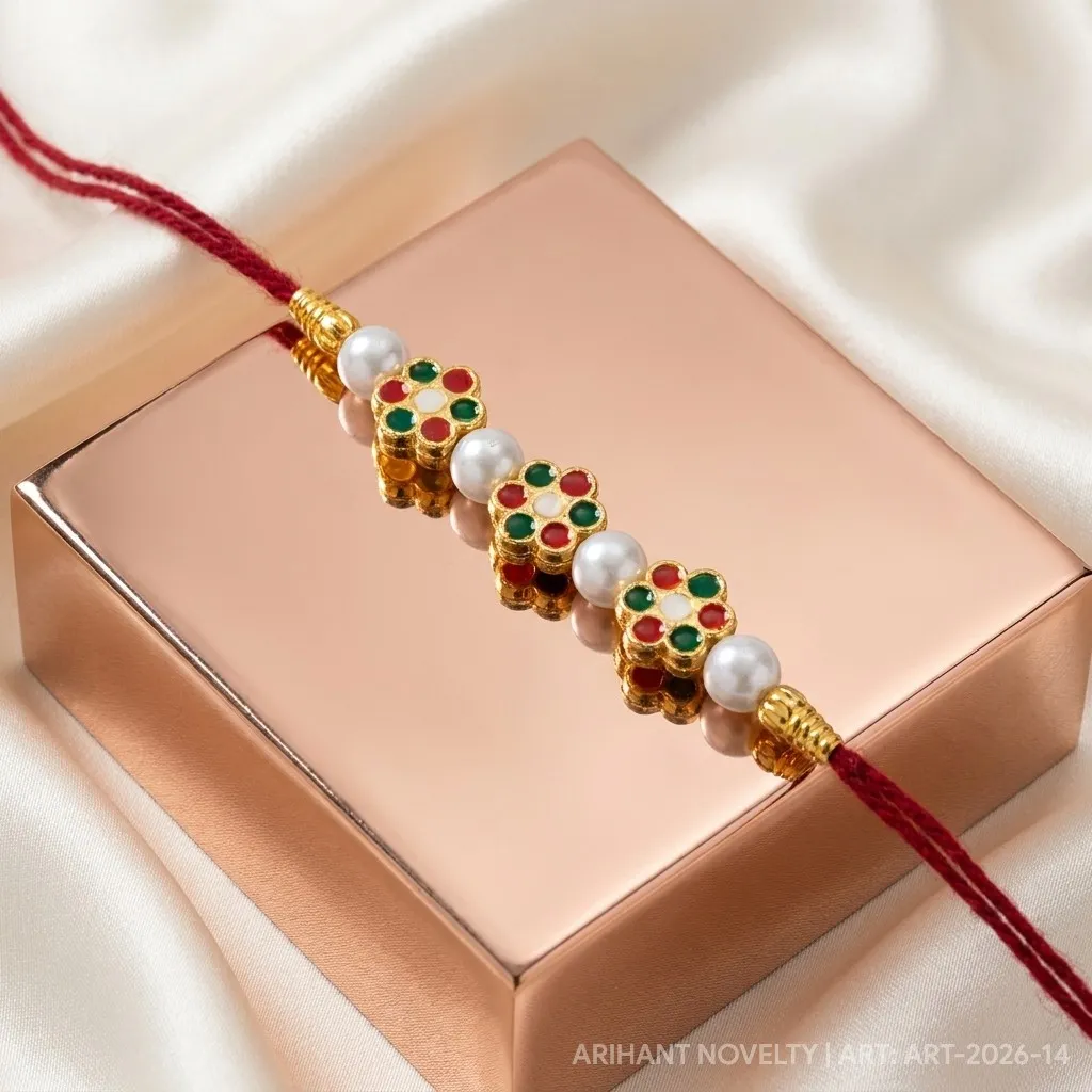 White Petal Meenakari Pearl – handmade Meenakari rakhi from Bikaner by Arihant Novelty