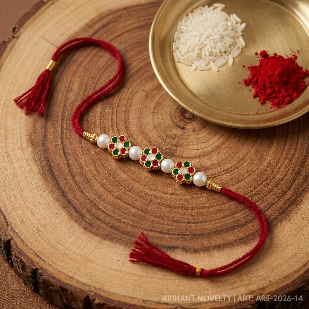 White Petal Meenakari Pearl – handmade Meenakari rakhi from Bikaner by Arihant Novelty