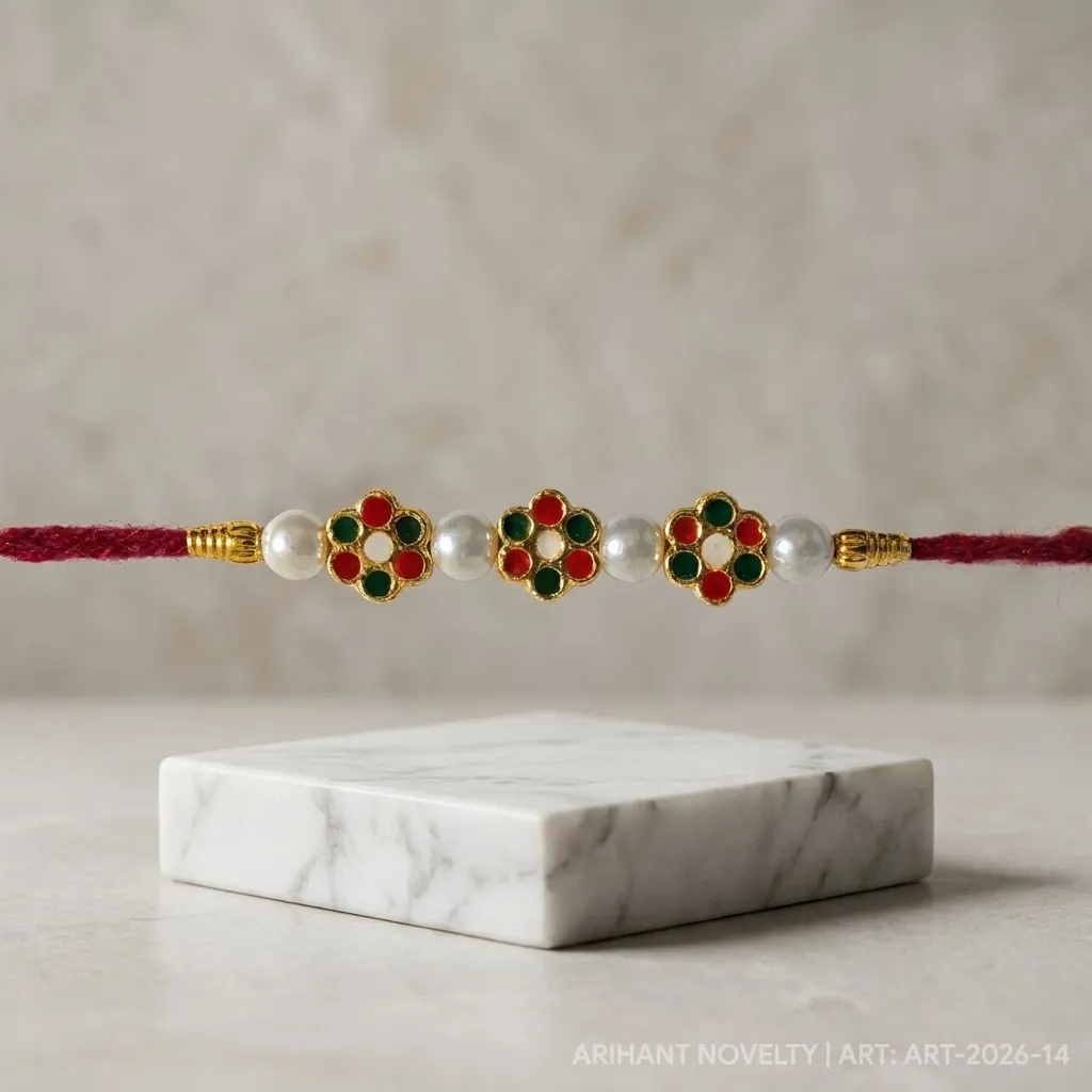 White Petal Meenakari Pearl – handmade Meenakari rakhi from Bikaner by Arihant Novelty