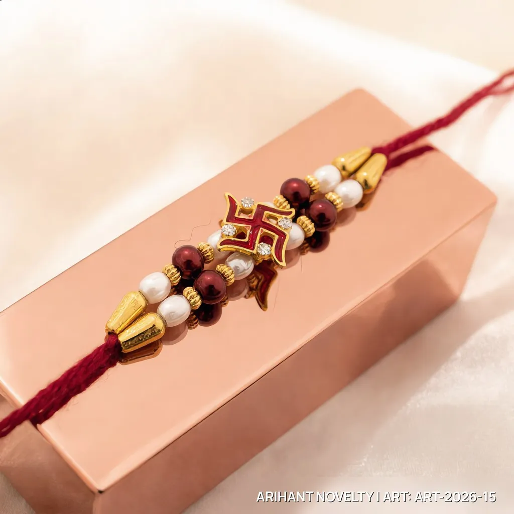 Red Swastik CZ Pearl Rakhi – handmade Traditional rakhi from Bikaner by Arihant Novelty