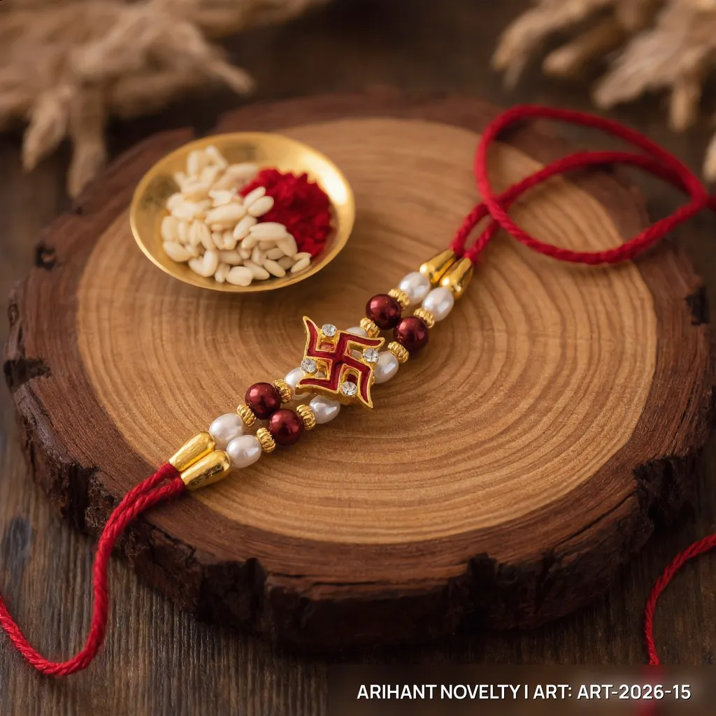 Red Swastik CZ Pearl Rakhi – handmade Traditional rakhi from Bikaner by Arihant Novelty