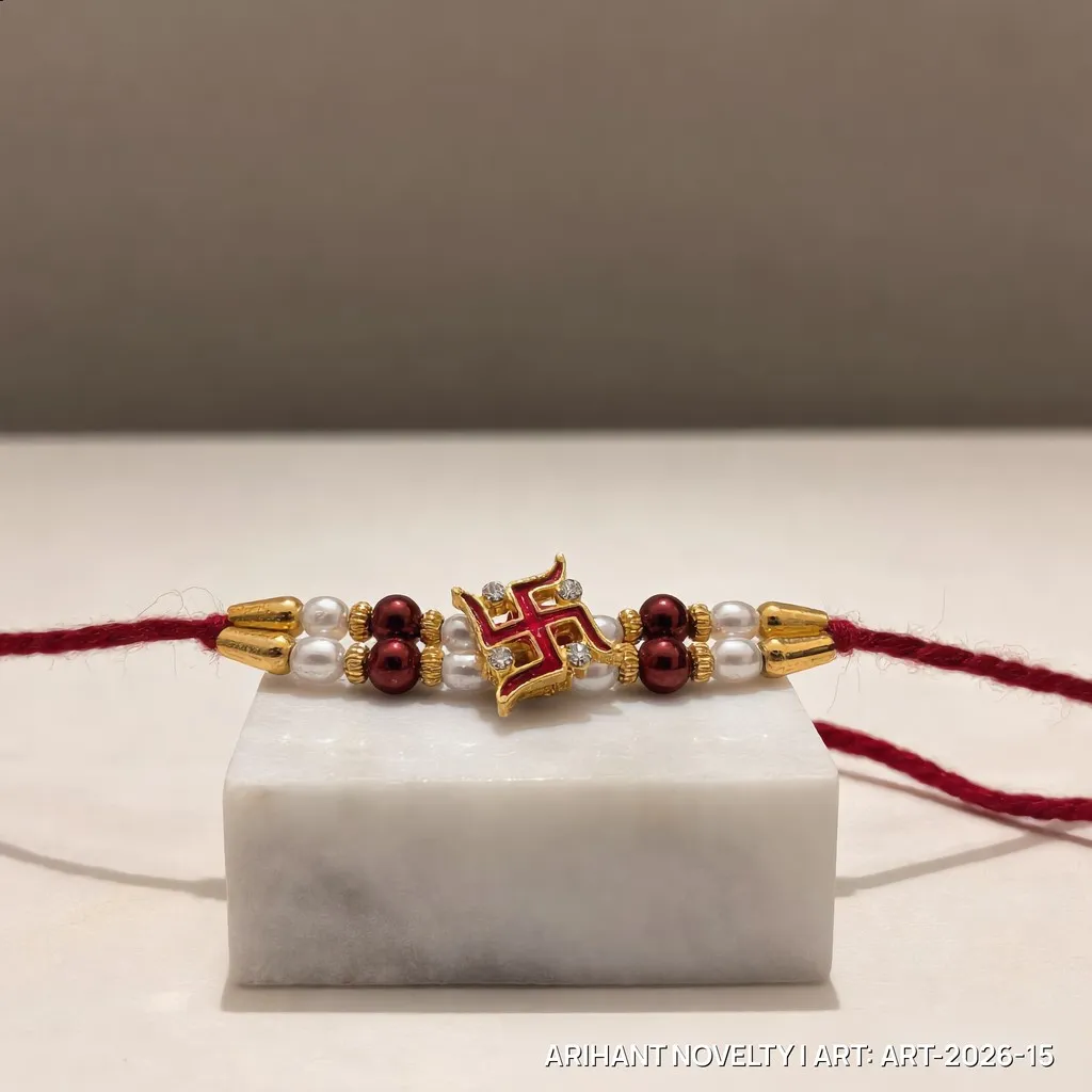 Red Swastik CZ Pearl Rakhi – handmade Traditional rakhi from Bikaner by Arihant Novelty