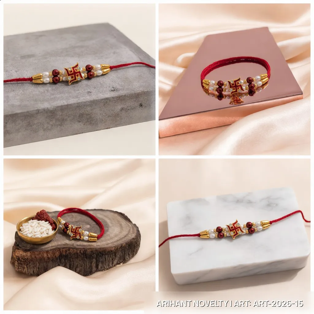 Red Swastik CZ Pearl Rakhi – handmade Traditional rakhi from Bikaner by Arihant Novelty