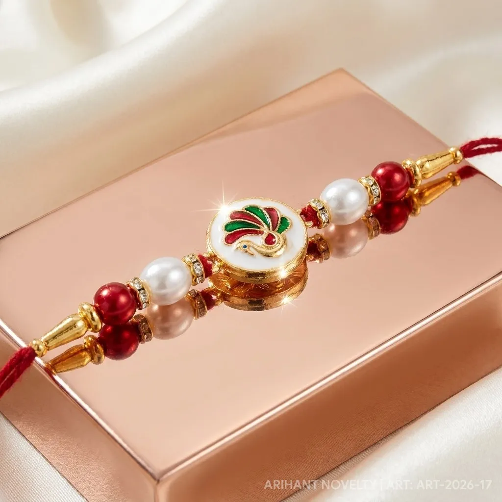 Sunburst CZ Pearl Rakhi – handmade Kundan rakhi from Bikaner by Arihant Novelty
