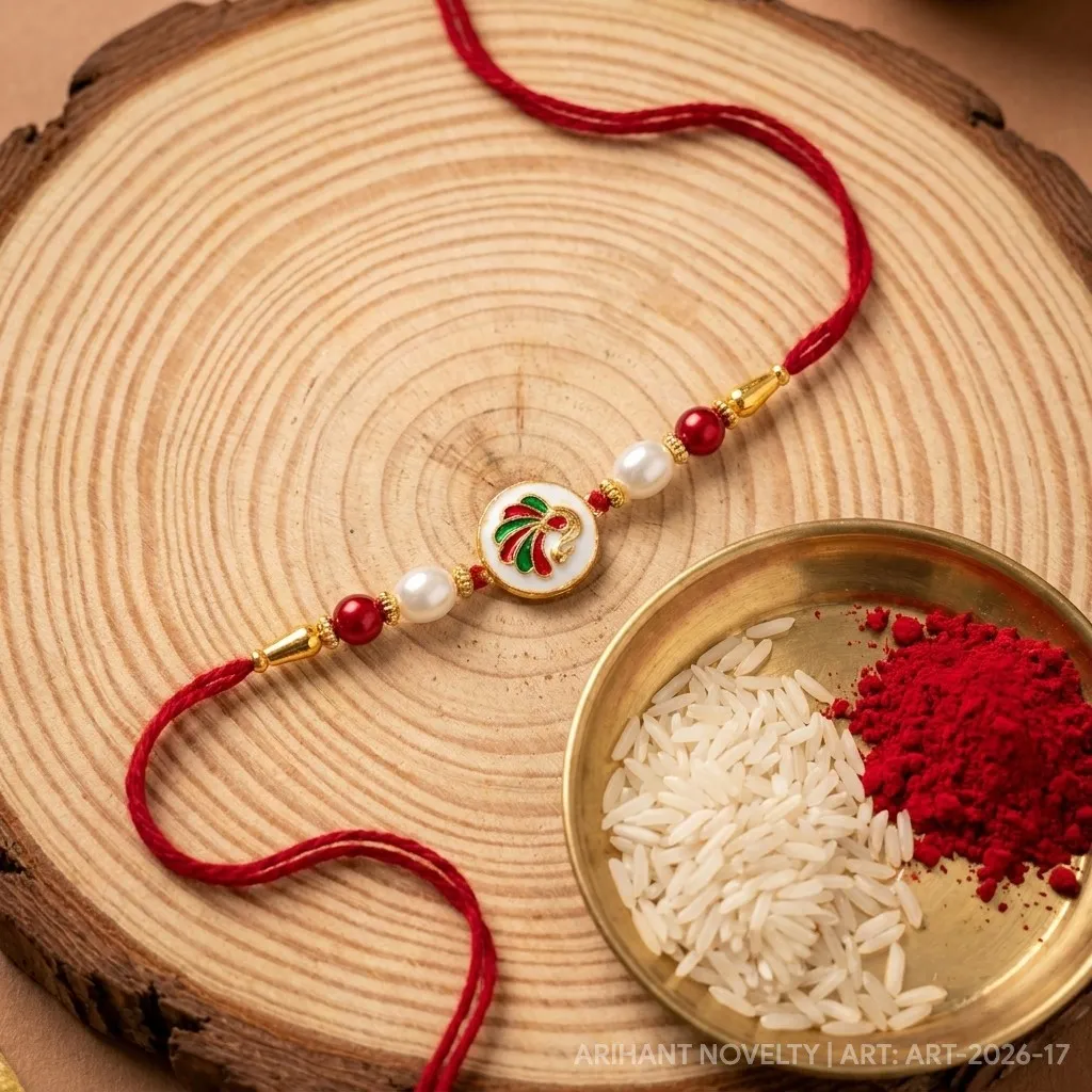 Sunburst CZ Pearl Rakhi – handmade Kundan rakhi from Bikaner by Arihant Novelty