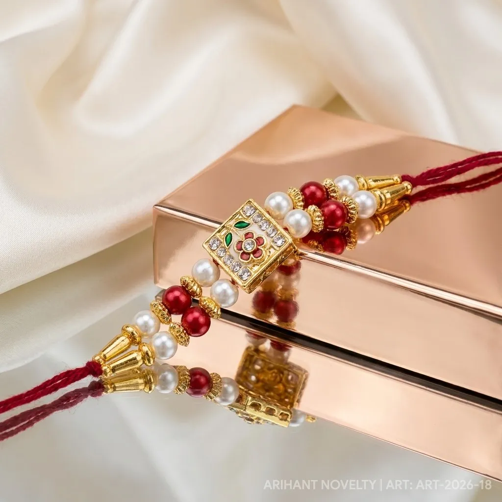 Rose Dot Meenakari Pearl – handmade Meenakari rakhi from Bikaner by Arihant Novelty