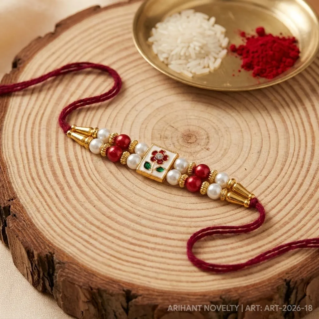 Rose Dot Meenakari Pearl – handmade Meenakari rakhi from Bikaner by Arihant Novelty