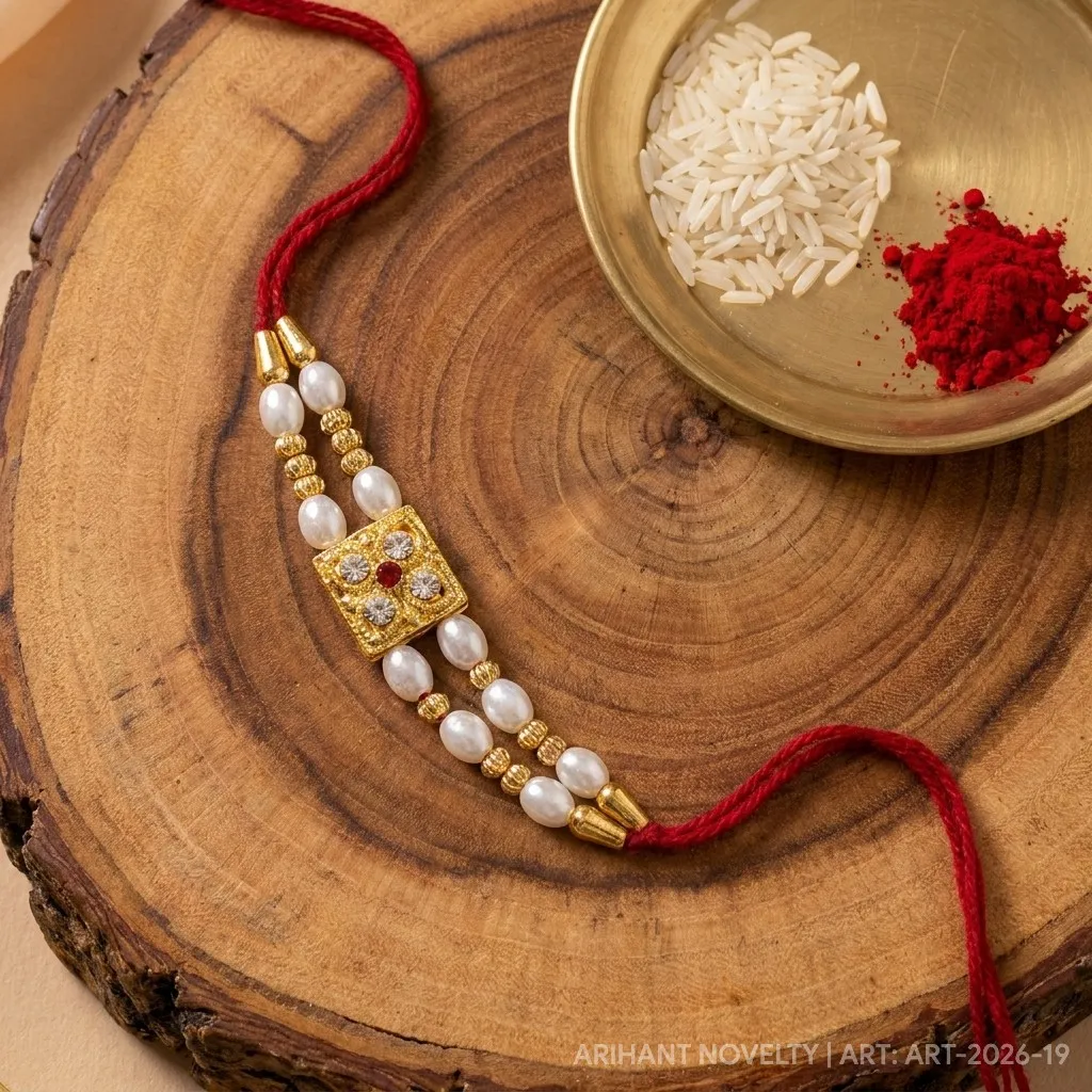 Ruby Dot White Pearl Rakhi – handmade Meenakari rakhi from Bikaner by Arihant Novelty