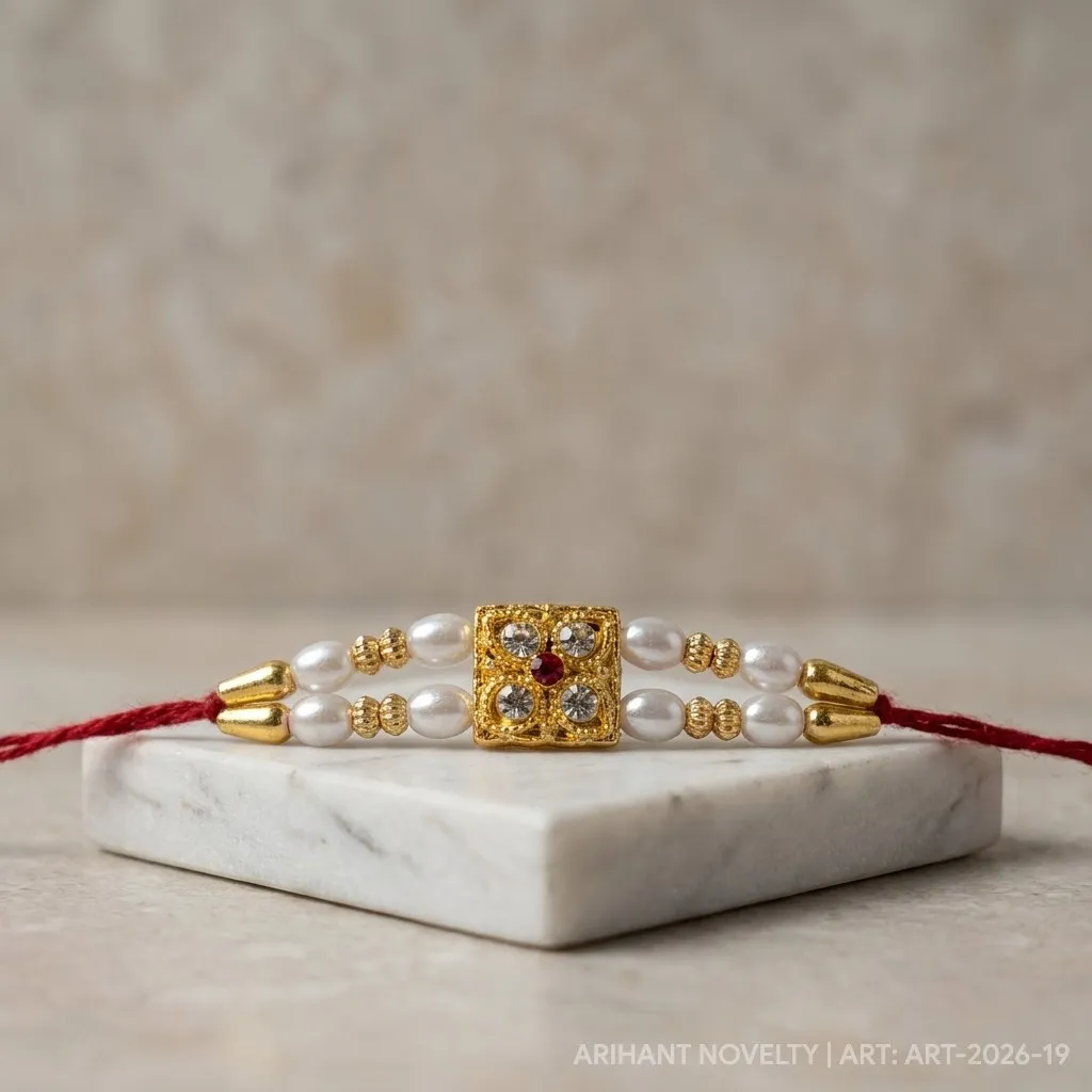 Ruby Dot White Pearl Rakhi – handmade Meenakari rakhi from Bikaner by Arihant Novelty
