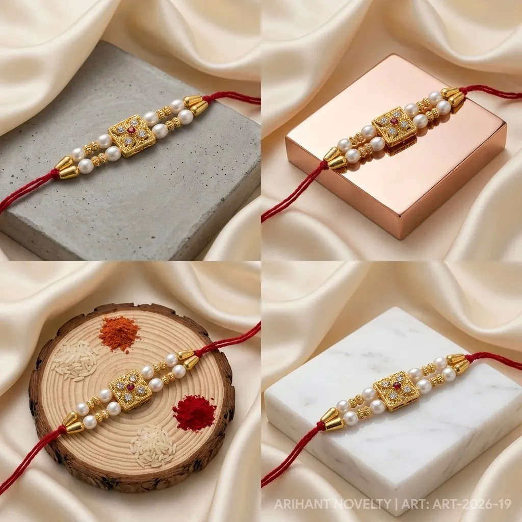 Ruby Dot White Pearl Rakhi – handmade Meenakari rakhi from Bikaner by Arihant Novelty