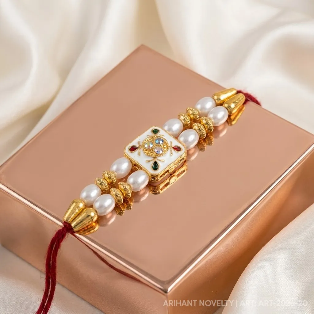 Blue-Tip Meenakari Bloom Pearl – handmade Meenakari rakhi from Bikaner by Arihant Novelty
