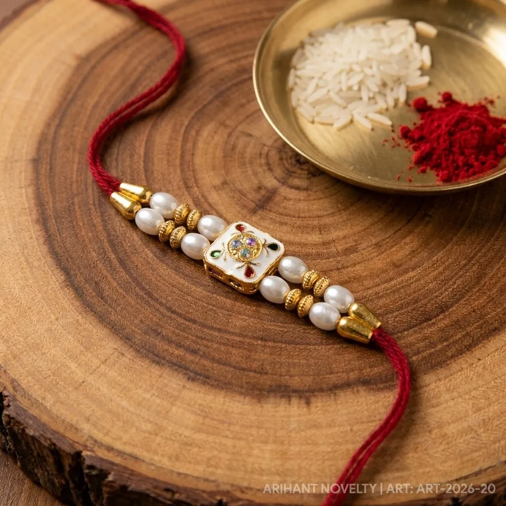 Blue-Tip Meenakari Bloom Pearl – handmade Meenakari rakhi from Bikaner by Arihant Novelty