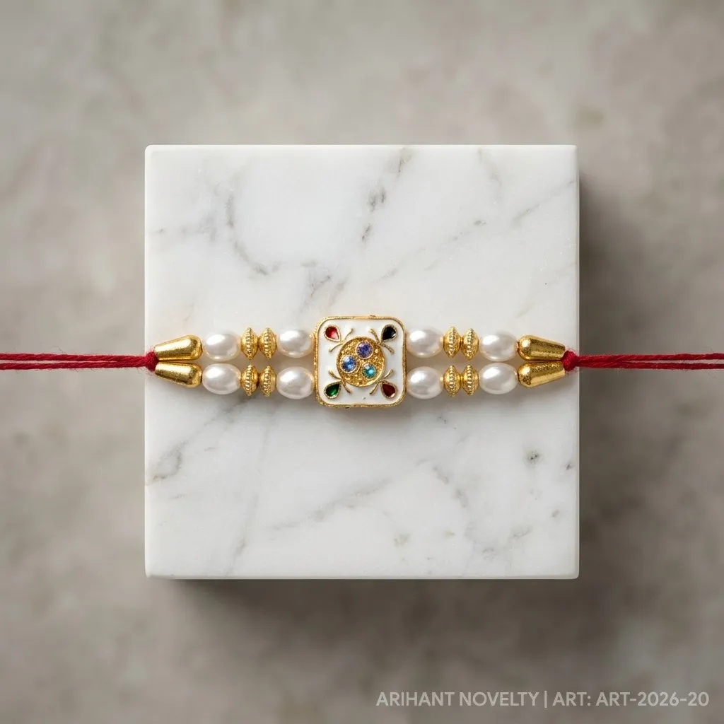 Blue-Tip Meenakari Bloom Pearl – handmade Meenakari rakhi from Bikaner by Arihant Novelty