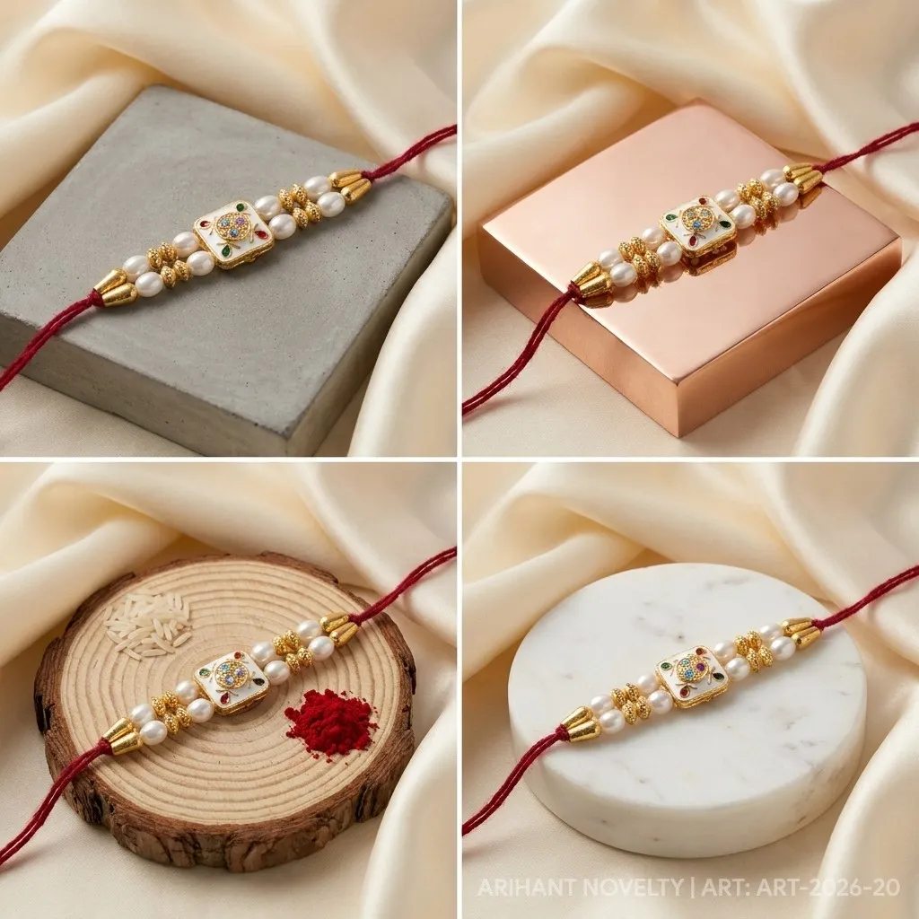 Blue-Tip Meenakari Bloom Pearl – handmade Meenakari rakhi from Bikaner by Arihant Novelty