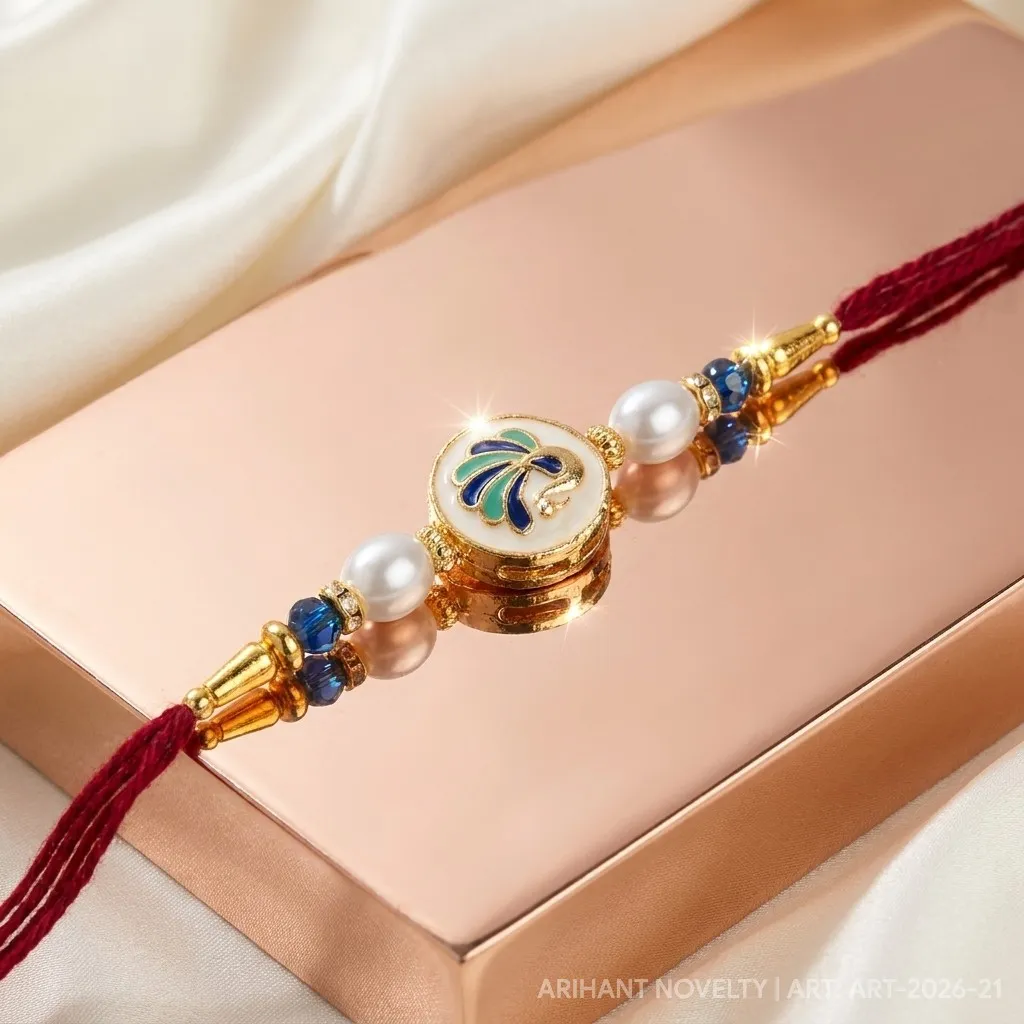 Blue Peacock Meenakari Circle – handmade Meenakari rakhi from Bikaner by Arihant Novelty