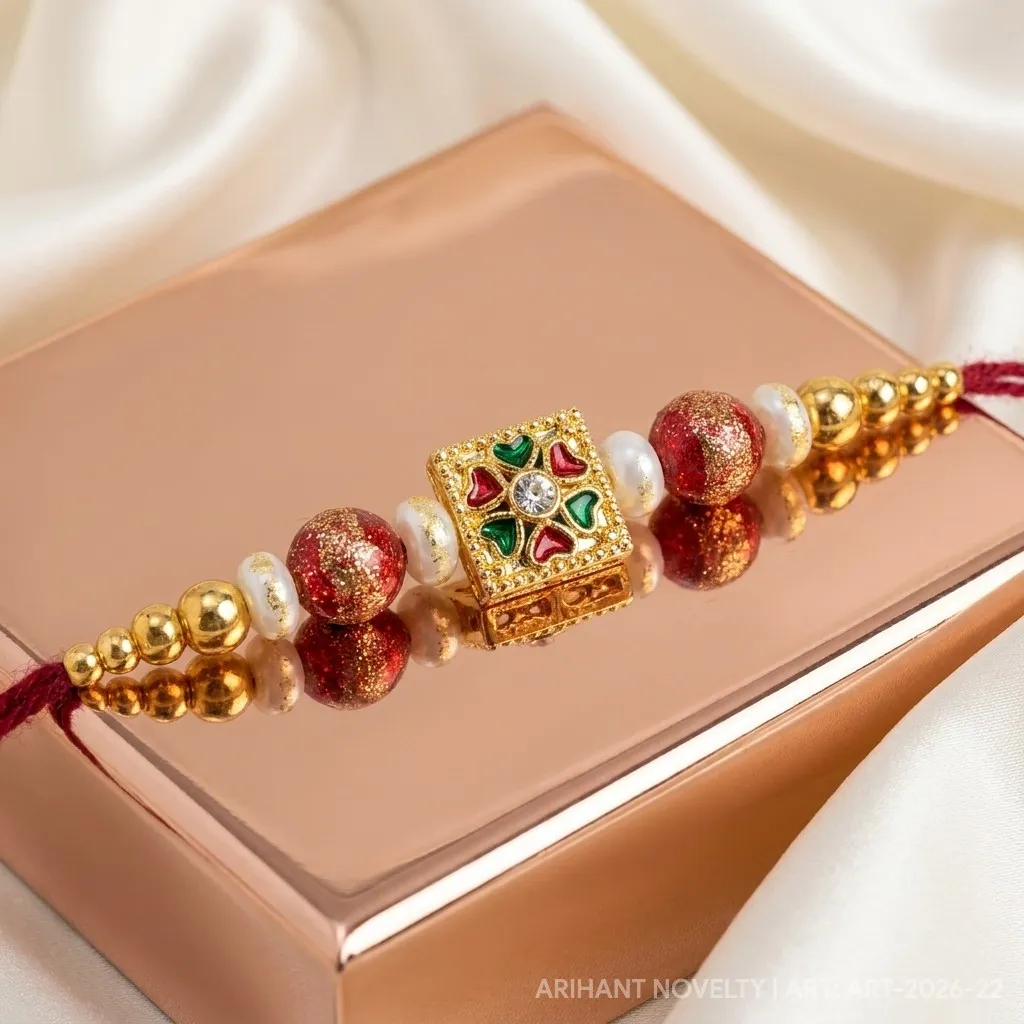 Ivory Tile Meenakari Pearl – handmade Meenakari rakhi from Bikaner by Arihant Novelty
