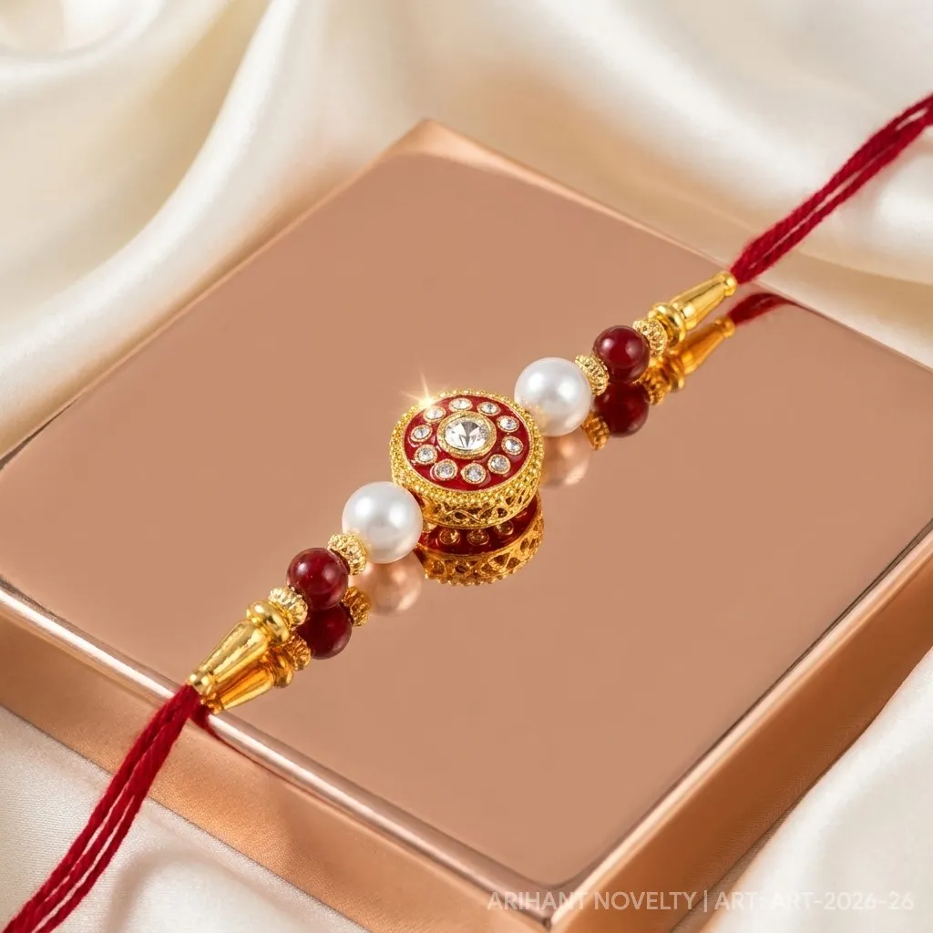 Rectangular Meenakari Pearl Set – handmade Meenakari rakhi from Bikaner by Arihant Novelty